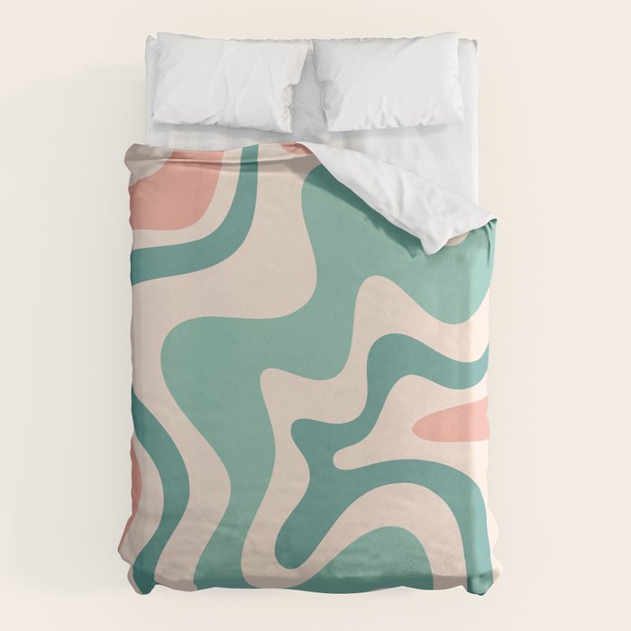 Retro Liquid Swirl Abstract Pattern Teal Blush Pink Mustard Duvet Cover Gallery Image 6