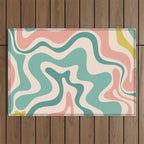 Retro Liquid Swirl Abstract Pattern Teal Blush Pink Mustard Outdoor Rug Gallery Image 1