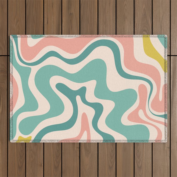 Retro Liquid Swirl Abstract Pattern Teal Blush Pink Mustard Outdoor Rug Gallery Image 1
