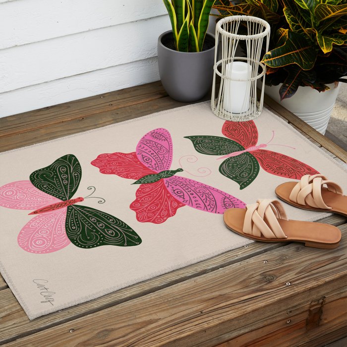 Tattooed Butterflies - Pink & Green Outdoor Rug Gallery Image 2