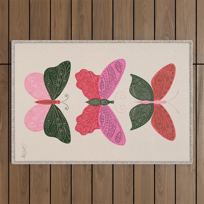 Tattooed Butterflies - Pink & Green Outdoor Rug Gallery Image 1