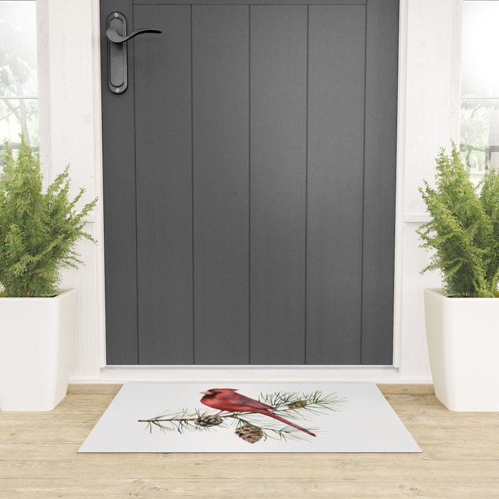 Christmas Red Cardinal Bird and Pine Watercolor Welcome Mat Gallery Image 3