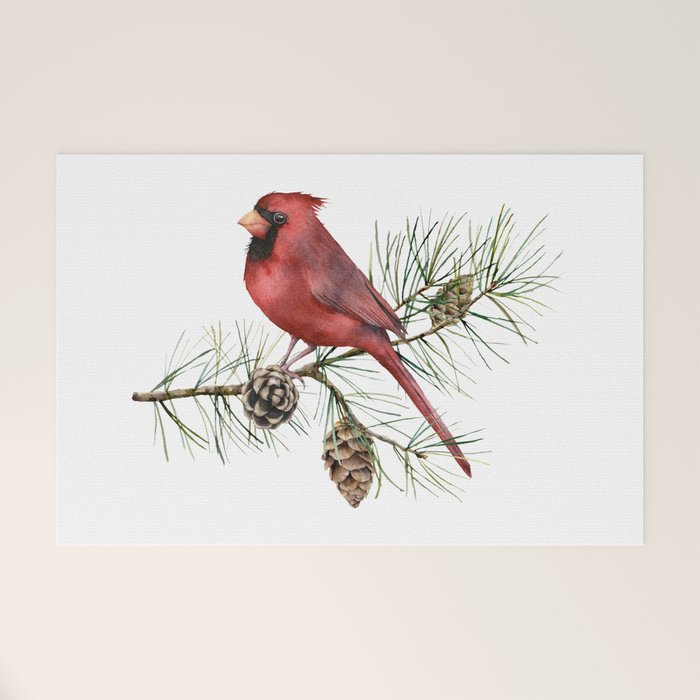 Christmas Red Cardinal Bird and Pine Watercolor Welcome Mat Gallery Image 1