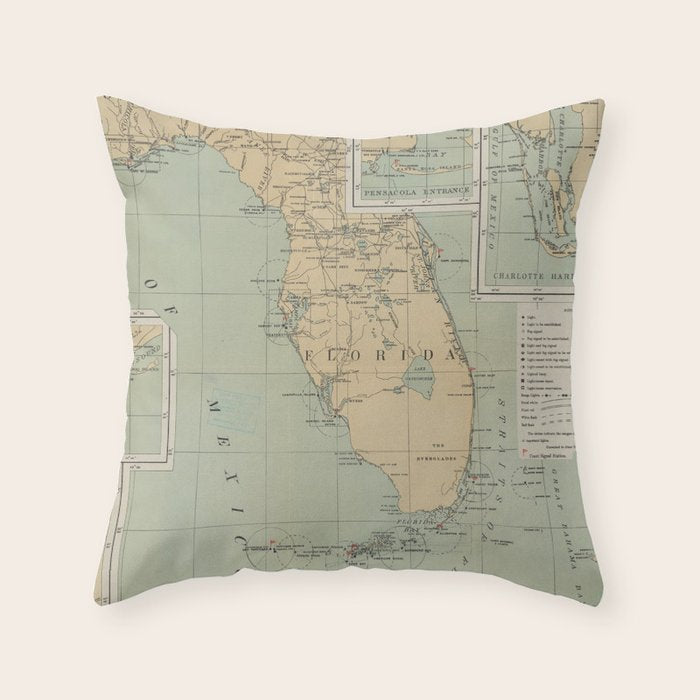 Vintage Lighthouse Map of Florida (1898) Throw Pillow Gallery Image 1