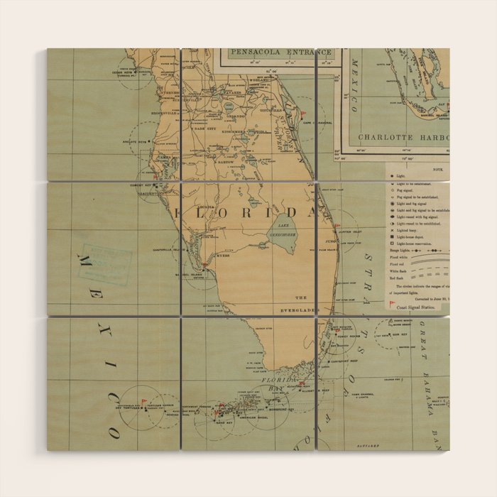 Vintage Lighthouse Map of Florida (1898) Wood Wall Art Gallery Image 1