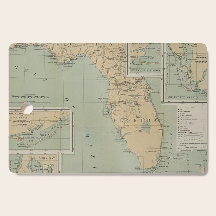 Vintage Lighthouse Map of Florida (1898) Cutting Board Gallery Image 1