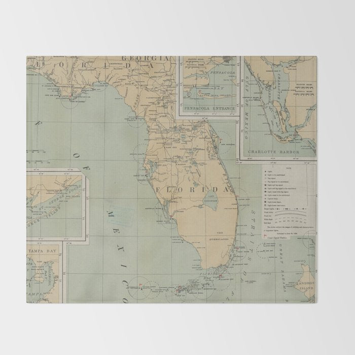 Vintage Lighthouse Map of Florida (1898) Throw Blanket Gallery Image 2