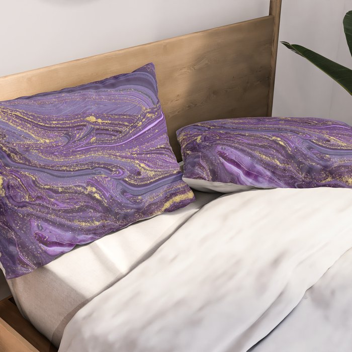 Purple Marble Glitter Gold Fluid Painting Pouring Jupiter Surface Glamorous Shiny Metallic Accents Pillow Sham Gallery Image 2