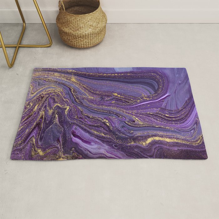 Purple Marble Glitter Gold Fluid Painting Pouring Jupiter Surface Glamorous Shiny Metallic Accents Rug Gallery Image 1