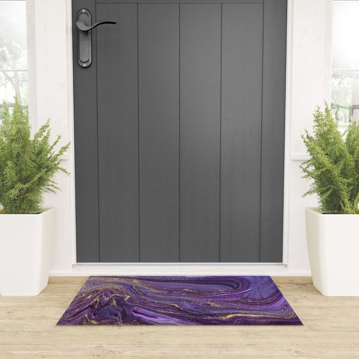 Purple Marble Glitter Gold Fluid Painting Pouring Jupiter Surface Glamorous Shiny Metallic Accents Welcome Mat Gallery Image 3