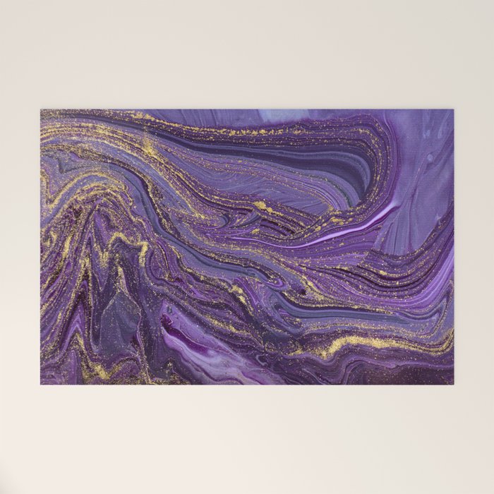 Purple Marble Glitter Gold Fluid Painting Pouring Jupiter Surface Glamorous Shiny Metallic Accents Welcome Mat Gallery Image 1