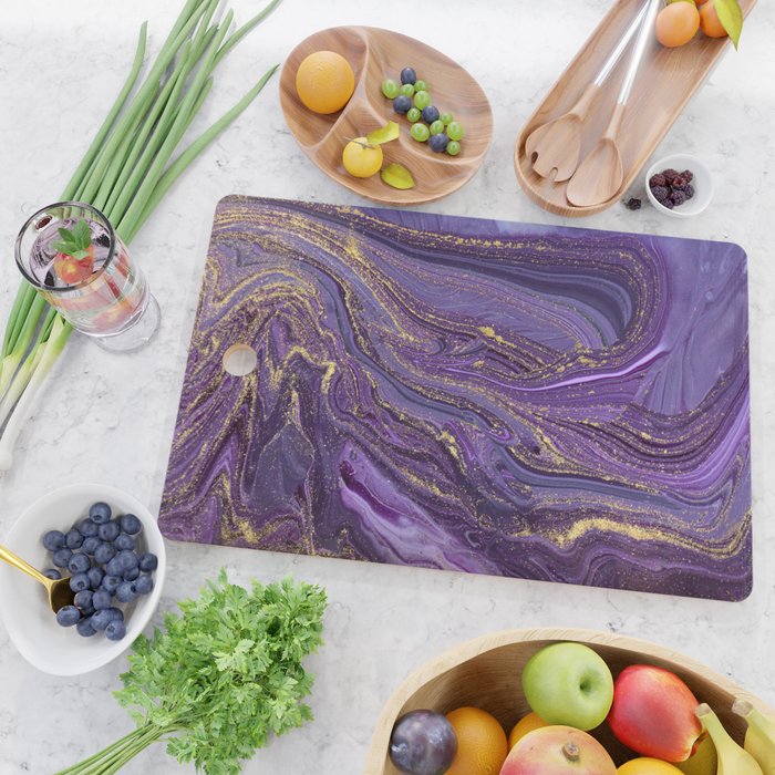 Purple Marble Glitter Gold Fluid Painting Pouring Jupiter Surface Glamorous Shiny Metallic Accents Cutting Board Gallery Image 2