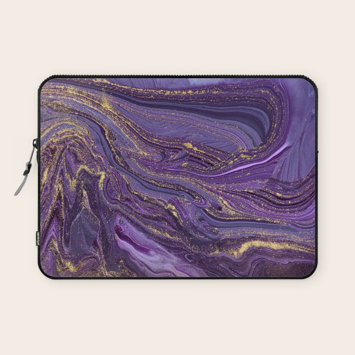 Purple Marble Glitter Gold Fluid Painting Pouring Jupiter Surface Glamorous Shiny Metallic Accents Laptop Sleeve Gallery Image 1