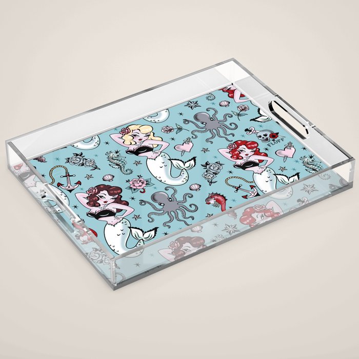 Molly Mermaid vintage pinup inspired nautical tattoo Acrylic Tray Gallery Image 1
