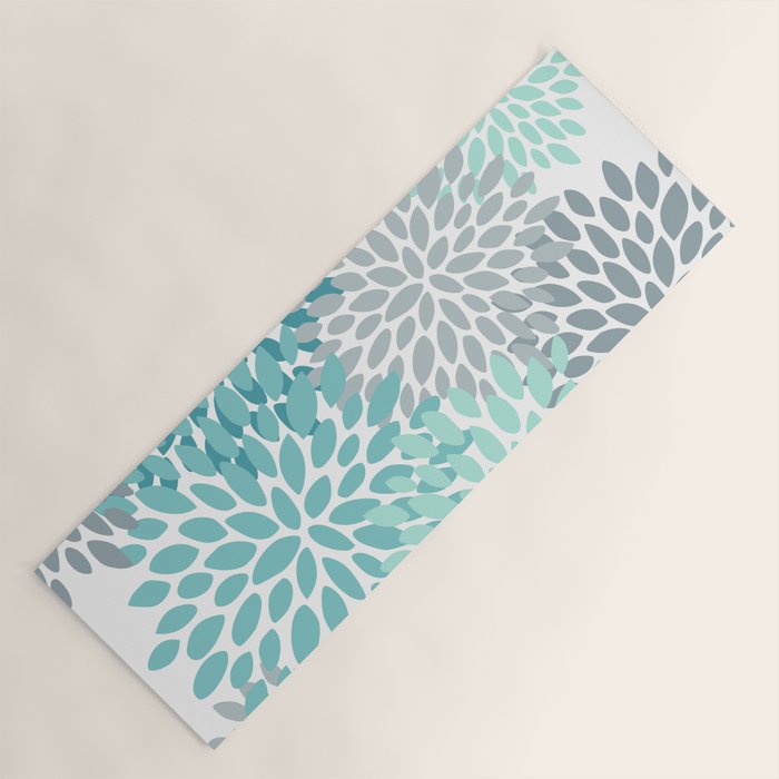 Floral Pattern, Aqua, Teal, Turquoise and Gray Yoga Mat Gallery Image 1