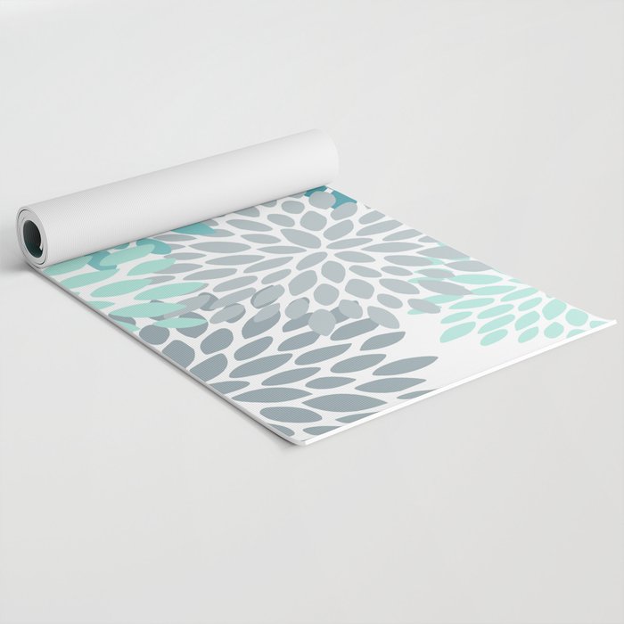Floral Pattern, Aqua, Teal, Turquoise and Gray Yoga Mat Gallery Image 2