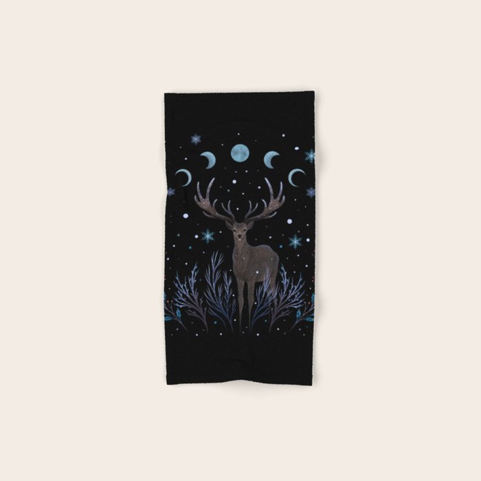 Deer in Winter Night Forest Bath Towel Gallery Image 1