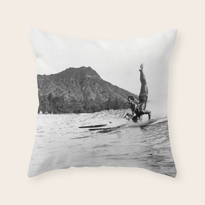 Surfing Diamond Head, Hawaii Throw Pillow Gallery Image 1