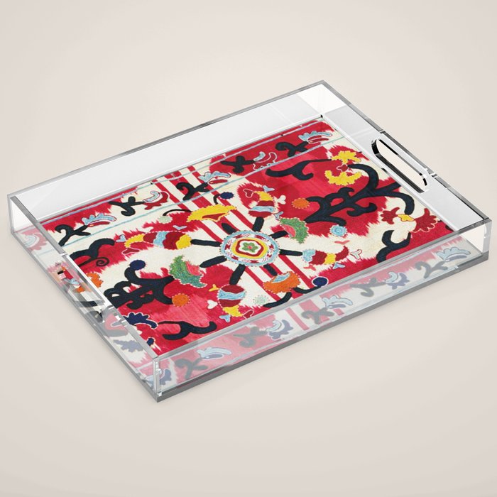 Ikat Suzani  Antique Uzbekistan Tribal Wedding Bedsheet Print Acrylic Tray Gallery Image 1