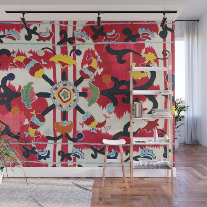 Ikat Suzani  Antique Uzbekistan Tribal Wedding Bedsheet Print Wall Mural Gallery Image 1