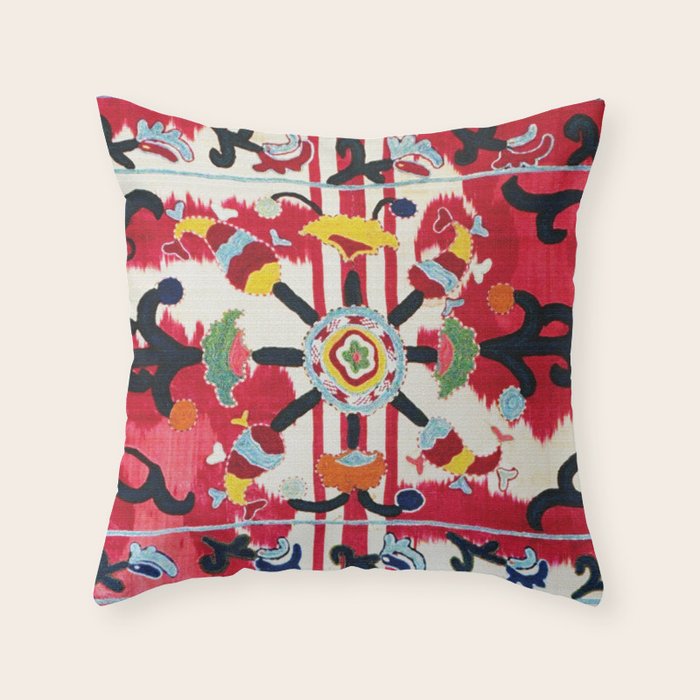Ikat Suzani  Antique Uzbekistan Tribal Wedding Bedsheet Print Throw Pillow Gallery Image 6