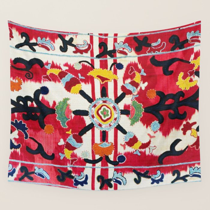 Ikat Suzani  Antique Uzbekistan Tribal Wedding Bedsheet Print Wall Tapestry Gallery Image 4