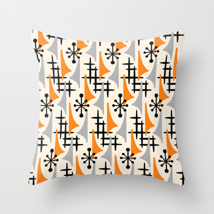 Retro 1950s Style Mid Century Modern Atomic Wing Pattern 834 Googie Orange and Gray Throw Pillow Gallery Image 6