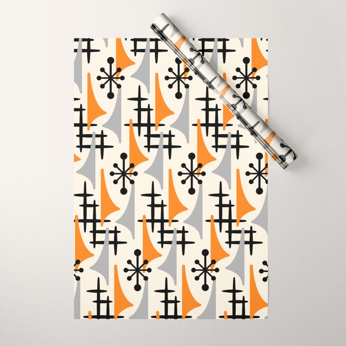 Retro 1950s Style Mid Century Modern Atomic Wing Pattern 834 Googie Orange and Gray Wrapping Paper Gallery Image 1