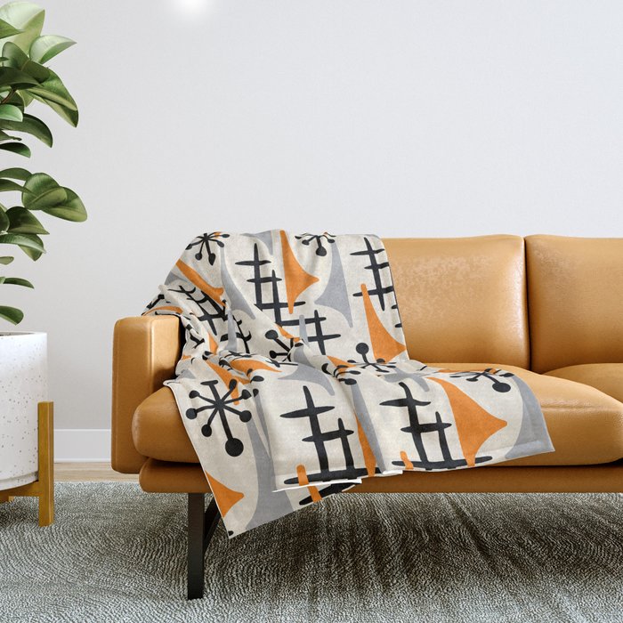 Retro 1950s Style Mid Century Modern Atomic Wing Pattern 834 Googie Orange and Gray Throw Blanket Gallery Image 1