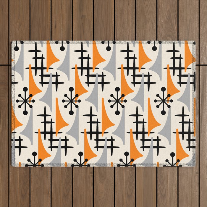 Retro 1950s Style Mid Century Modern Atomic Wing Pattern 834 Googie Orange and Gray Outdoor Rug Gallery Image 1
