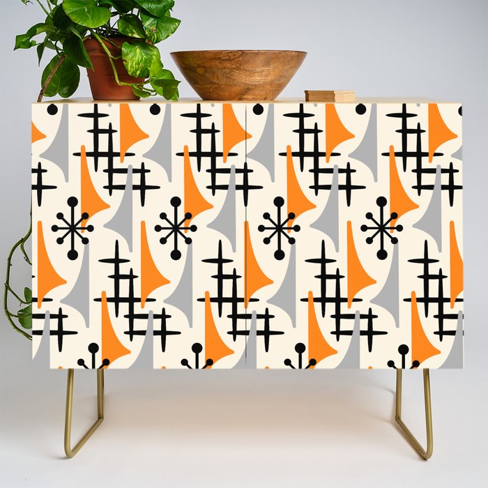 Retro 1950s Style Mid Century Modern Atomic Wing Pattern 834 Googie Orange and Gray Credenza Gallery Image 1