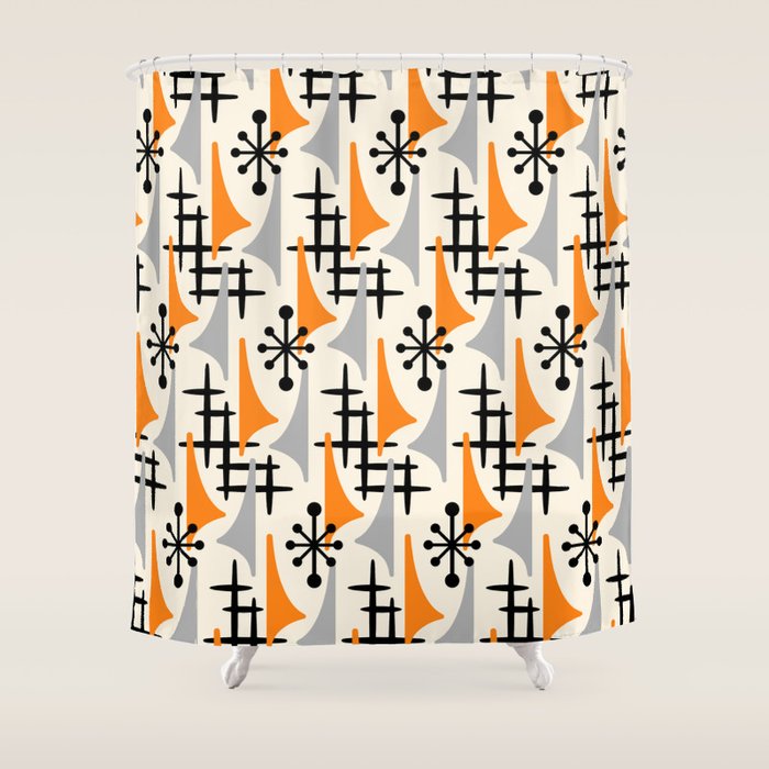 Retro 1950s Style Mid Century Modern Atomic Wing Pattern 834 Googie Orange and Gray Shower Curtain Gallery Image 1