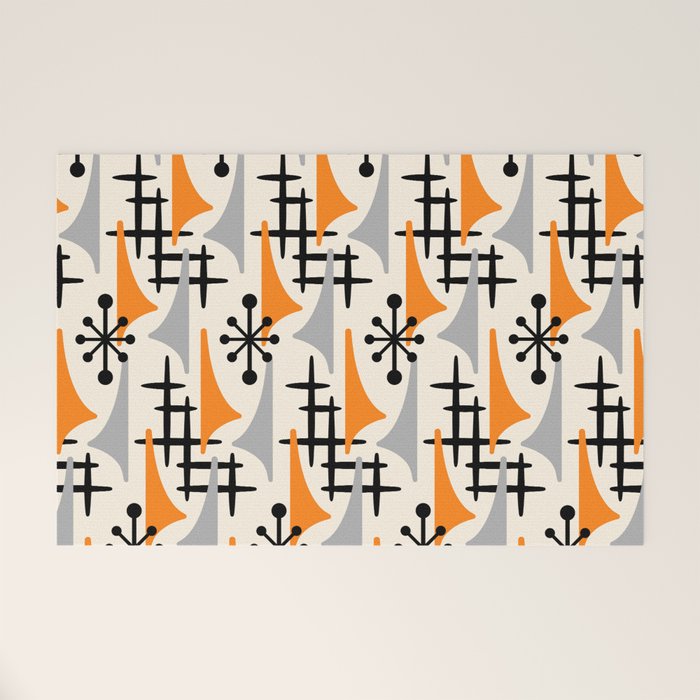 Retro 1950s Style Mid Century Modern Atomic Wing Pattern 834 Googie Orange and Gray Welcome Mat Gallery Image 1