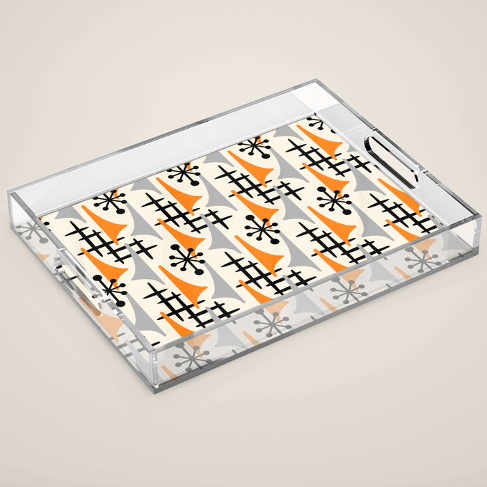 Retro 1950s Style Mid Century Modern Atomic Wing Pattern 834 Googie Orange and Gray Acrylic Tray Gallery Image 1