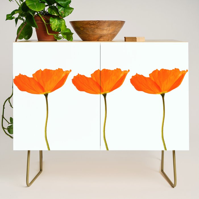 Three Orange Poppy Flowers White Background  Credenza Gallery Image 1