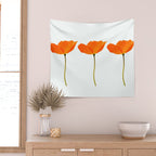 Three Orange Poppy Flowers White Background  Wall Tapestry Gallery Image 2