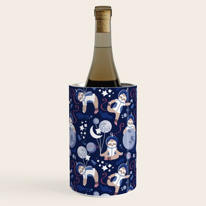 Best Space To Be // navy blue background indigo moons and cute astronauts sloths Wine Chiller Gallery Image 2