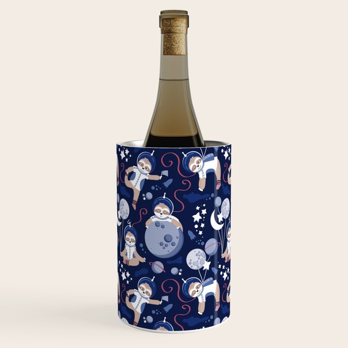Best Space To Be // navy blue background indigo moons and cute astronauts sloths Wine Chiller Gallery Image 3