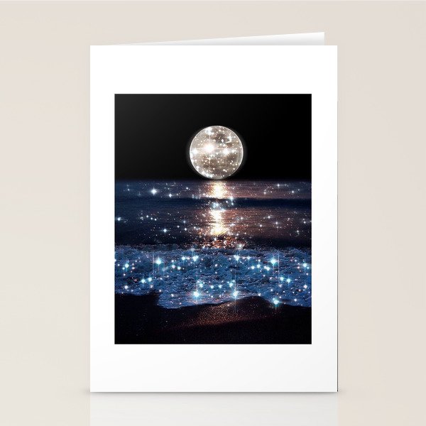 SUNSET | magical | stars | moon | night | waves | moon | sky | beach | ocean | sea | blue | bling  Stationery Card Gallery Image 1