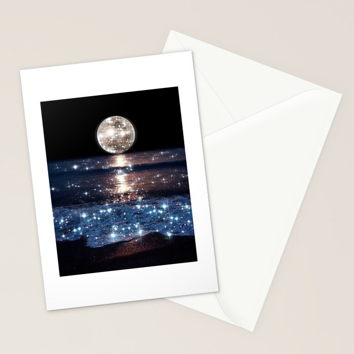 SUNSET | magical | stars | moon | night | waves | moon | sky | beach | ocean | sea | blue | bling  Stationery Card Gallery Image 2