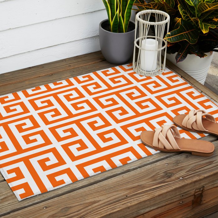 Orange and White Greek Key Outdoor Rug Gallery Image 2
