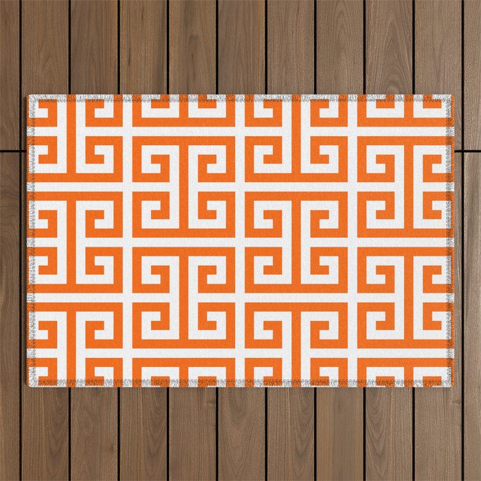 Orange and White Greek Key Outdoor Rug Gallery Image 1