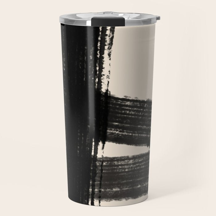 Abstract Minimalist Painted Brushstrokes in Black and Almond Cream 1 Travel Mug Gallery Image 1