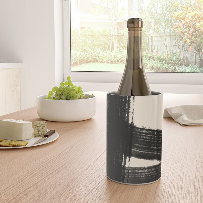 Abstract Minimalist Painted Brushstrokes in Black and Almond Cream 1 Wine Chiller Gallery Image 4