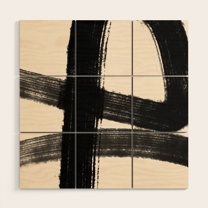 Abstract Minimalist Painted Brushstrokes in Black and Almond Cream 1 Wood Wall Art Gallery Image 1