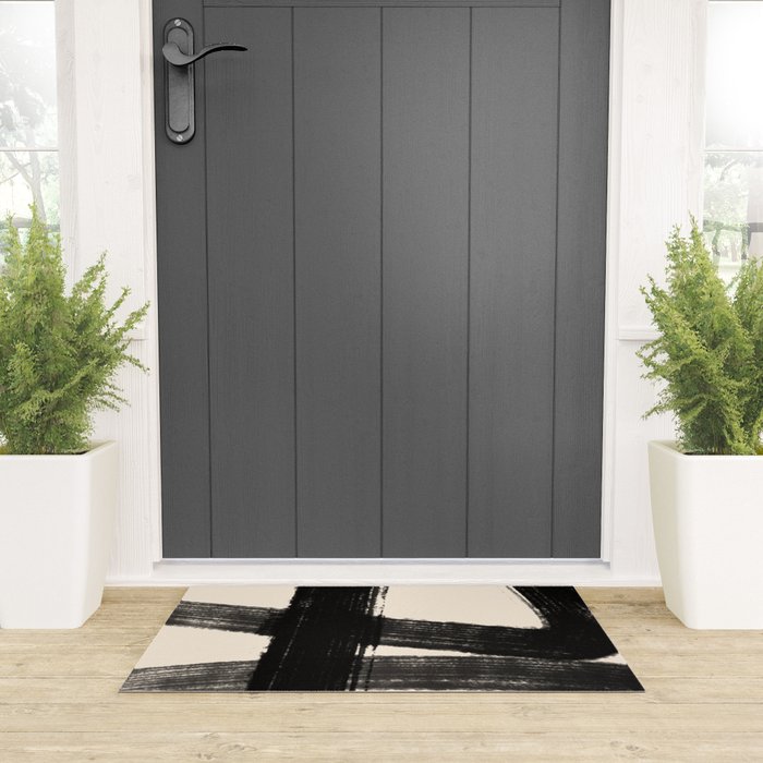 Abstract Minimalist Painted Brushstrokes in Black and Almond Cream 1 Welcome Mat Gallery Image 3