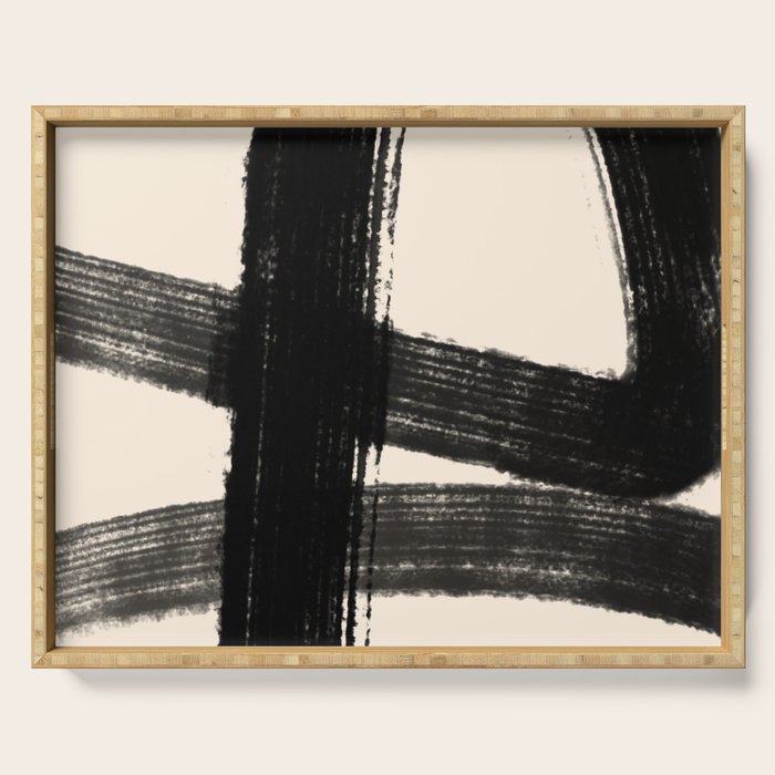 Abstract Minimalist Painted Brushstrokes in Black and Almond Cream 1 Serving Tray Gallery Image 1