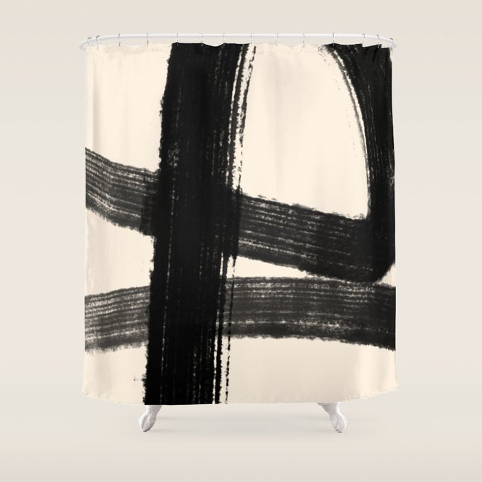 Abstract Minimalist Painted Brushstrokes in Black and Almond Cream 1 Shower Curtain Gallery Image 1