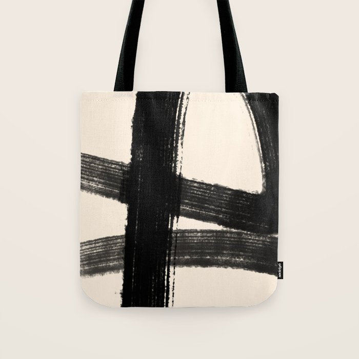 Abstract Minimalist Painted Brushstrokes in Black and Almond Cream 1 Tote Bag Gallery Image 1