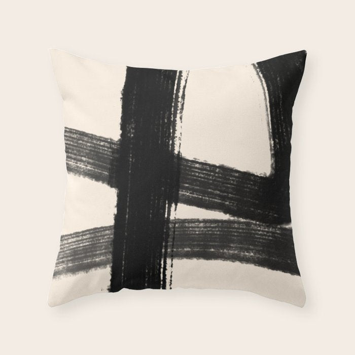 Abstract Minimalist Painted Brushstrokes in Black and Almond Cream 1 Throw Pillow Gallery Image 1